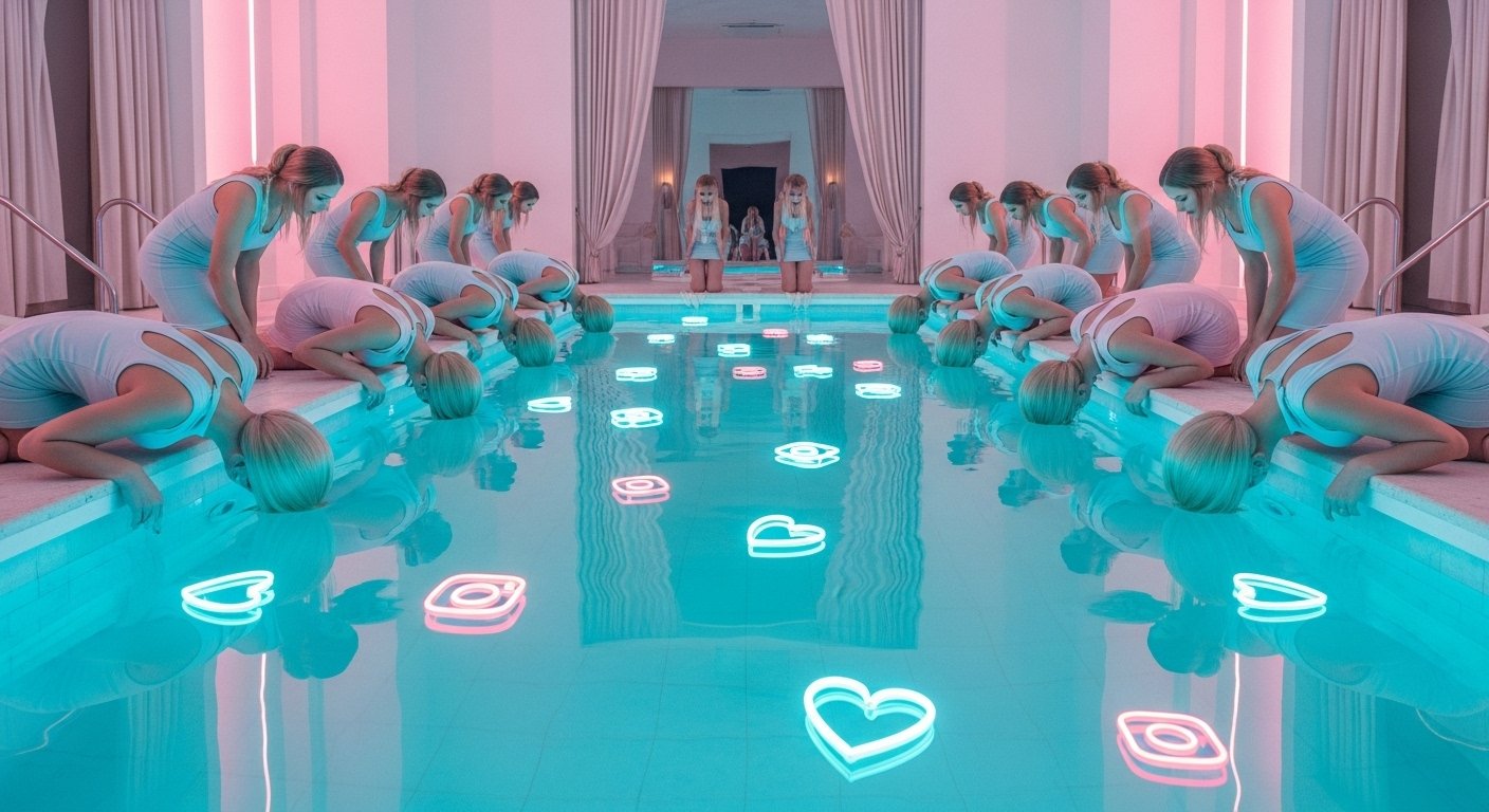 Women in pastel outfits bowing into glowing pool filled with neon social icons.
