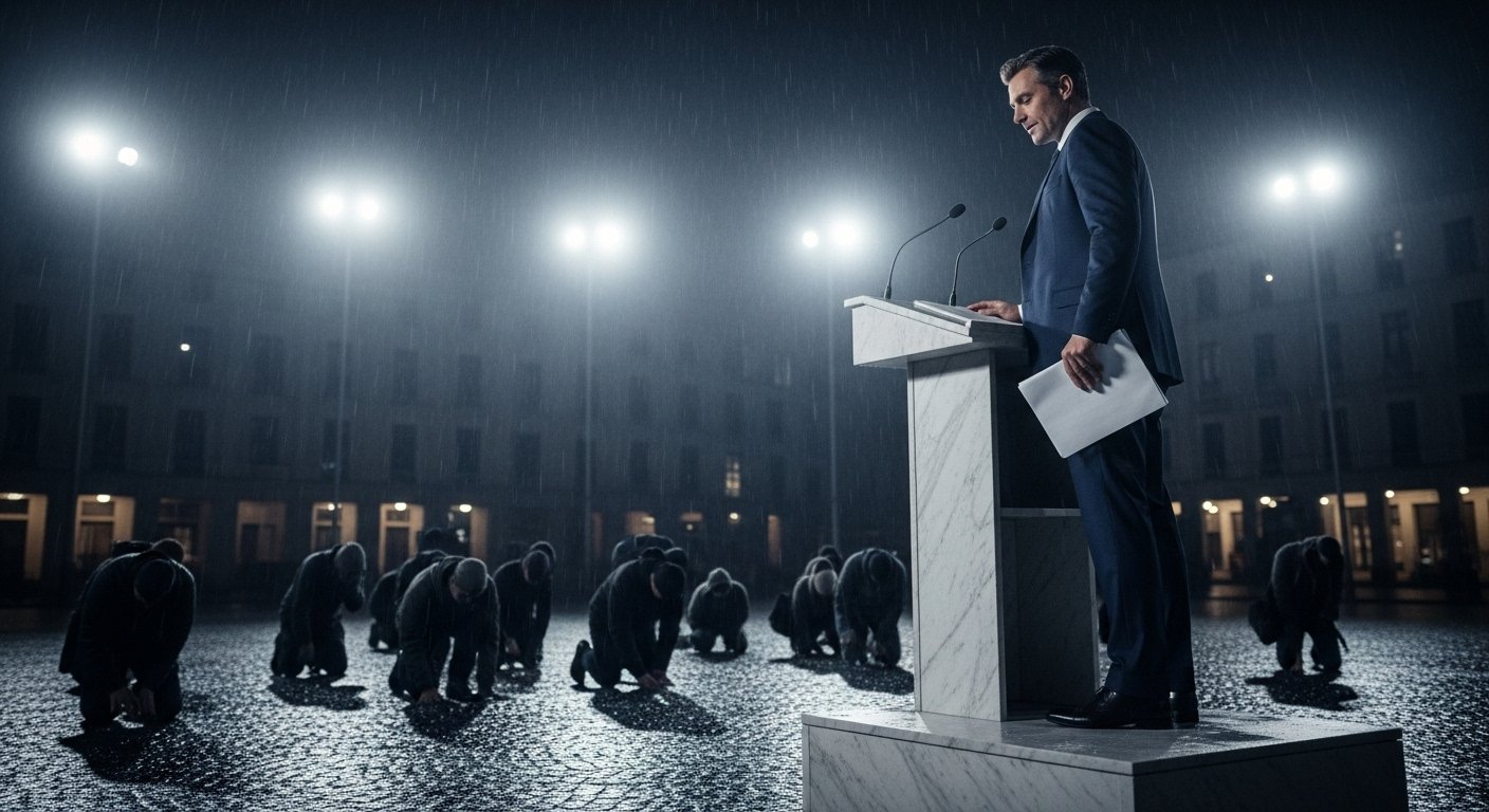Politician in suit looks down from podium while people kneel in shadows under harsh lights.