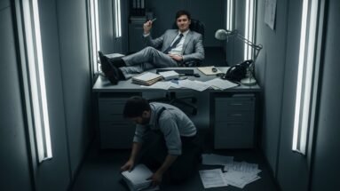 Manager in gray suit reclines smugly at desk while worker kneels on floor gathering papers.