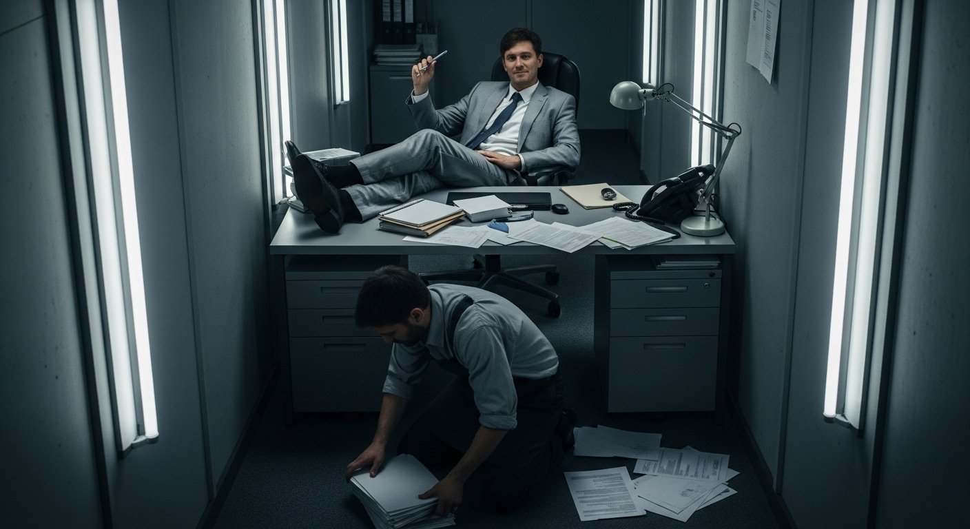 Manager in gray suit reclines smugly at desk while worker kneels on floor gathering papers.