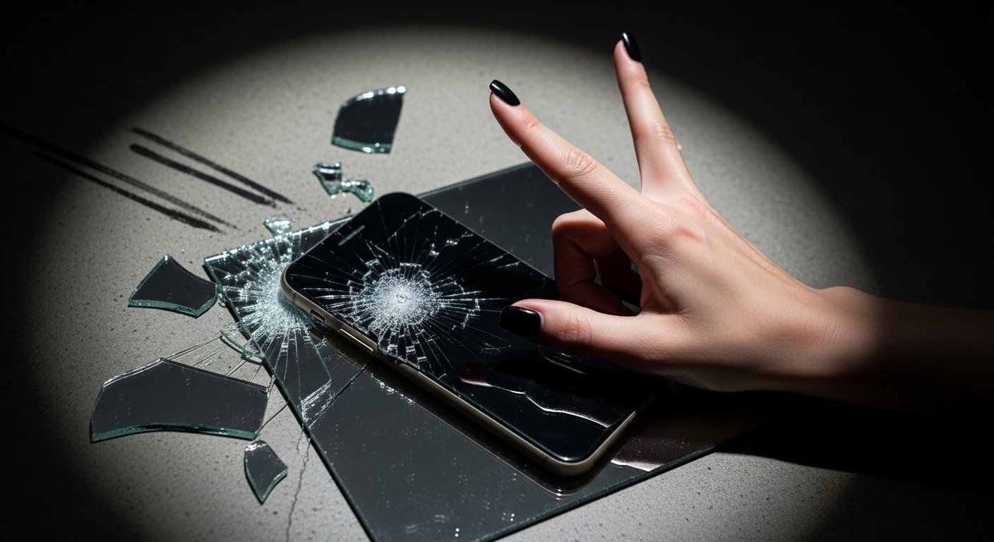 Hand with black nails flashing horns sign over shattered smartphone and broken glass on dark surface.