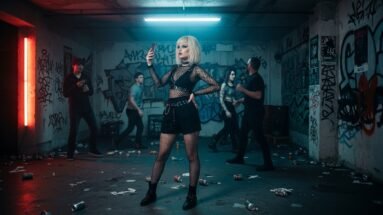 inluencers in subcultures: Blonde influencer in fishnet outfit taking selfies in a graffiti-covered basement while others hang out.