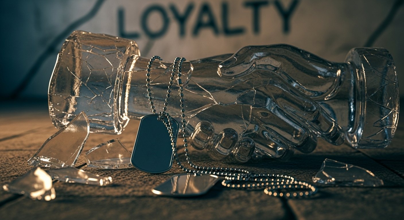 Shattered glass handshake sculpture with dog tags, loyalty written faintly on the wall.