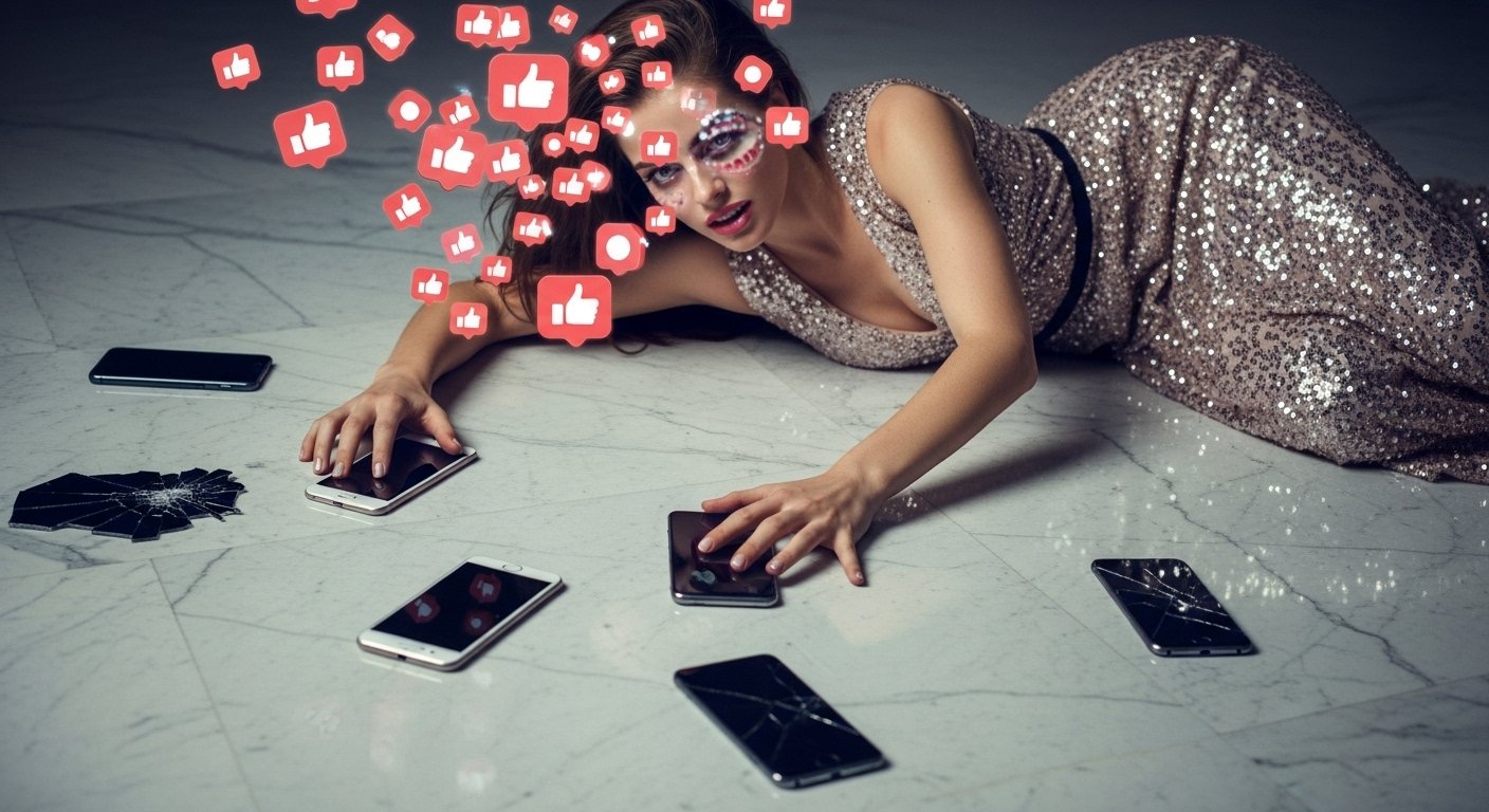 Glamorous woman in sequined dress clutching broken phones, drowning in floating likes.