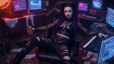 Nyx Luna sitting in a chaotic hacker room with purple cyberdreads and black leather.