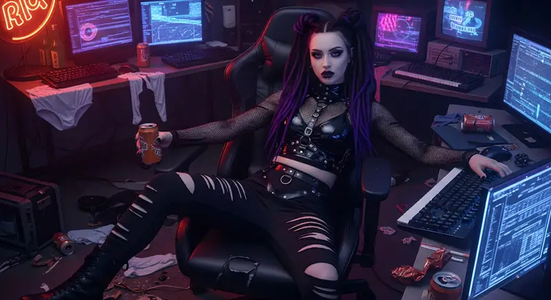 Nyx Luna sitting in a chaotic hacker room with purple cyberdreads and black leather.