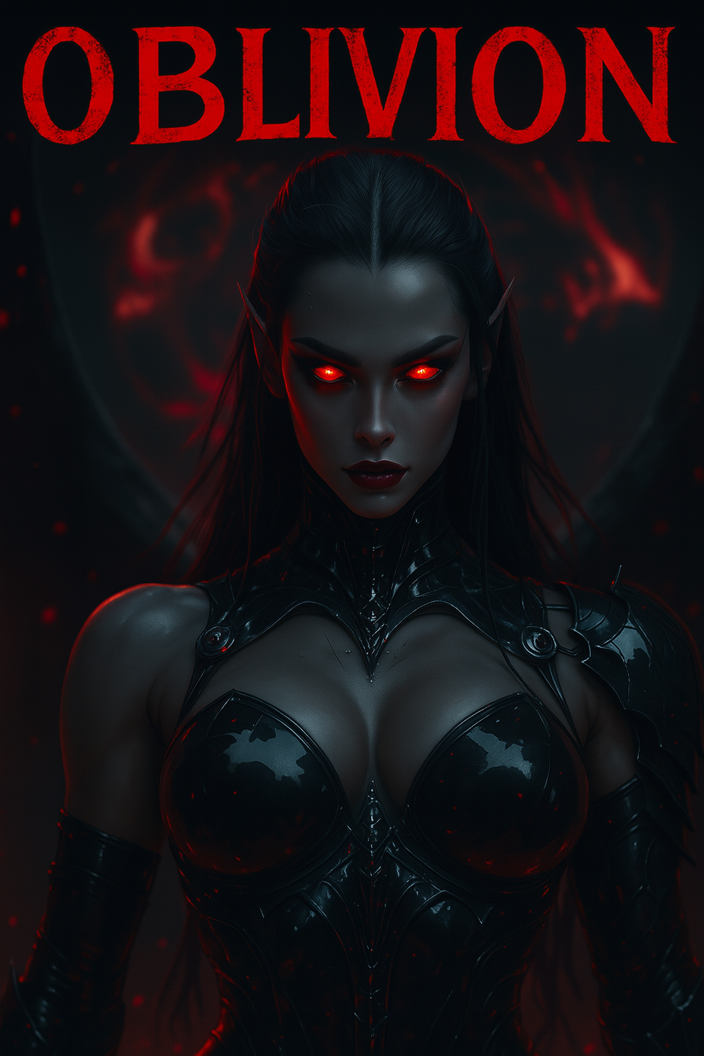 Oblivion close-up, glowing red eyes, gothic armor, red light behind.