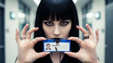 Gothic woman breaking employee ID badge, showing defiance against toxic workplace.