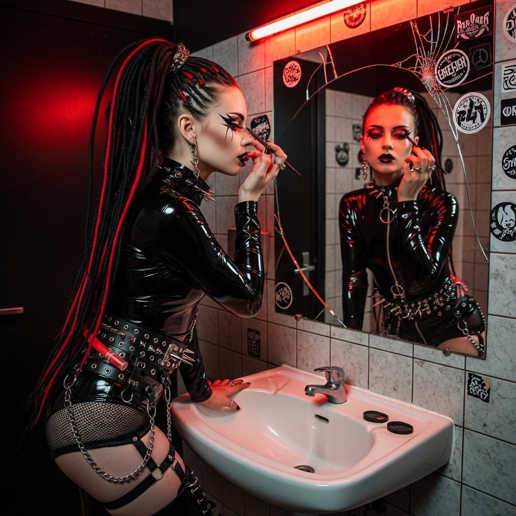 Nyx Luna applying makeup in red-lit mirror, latex outfit.