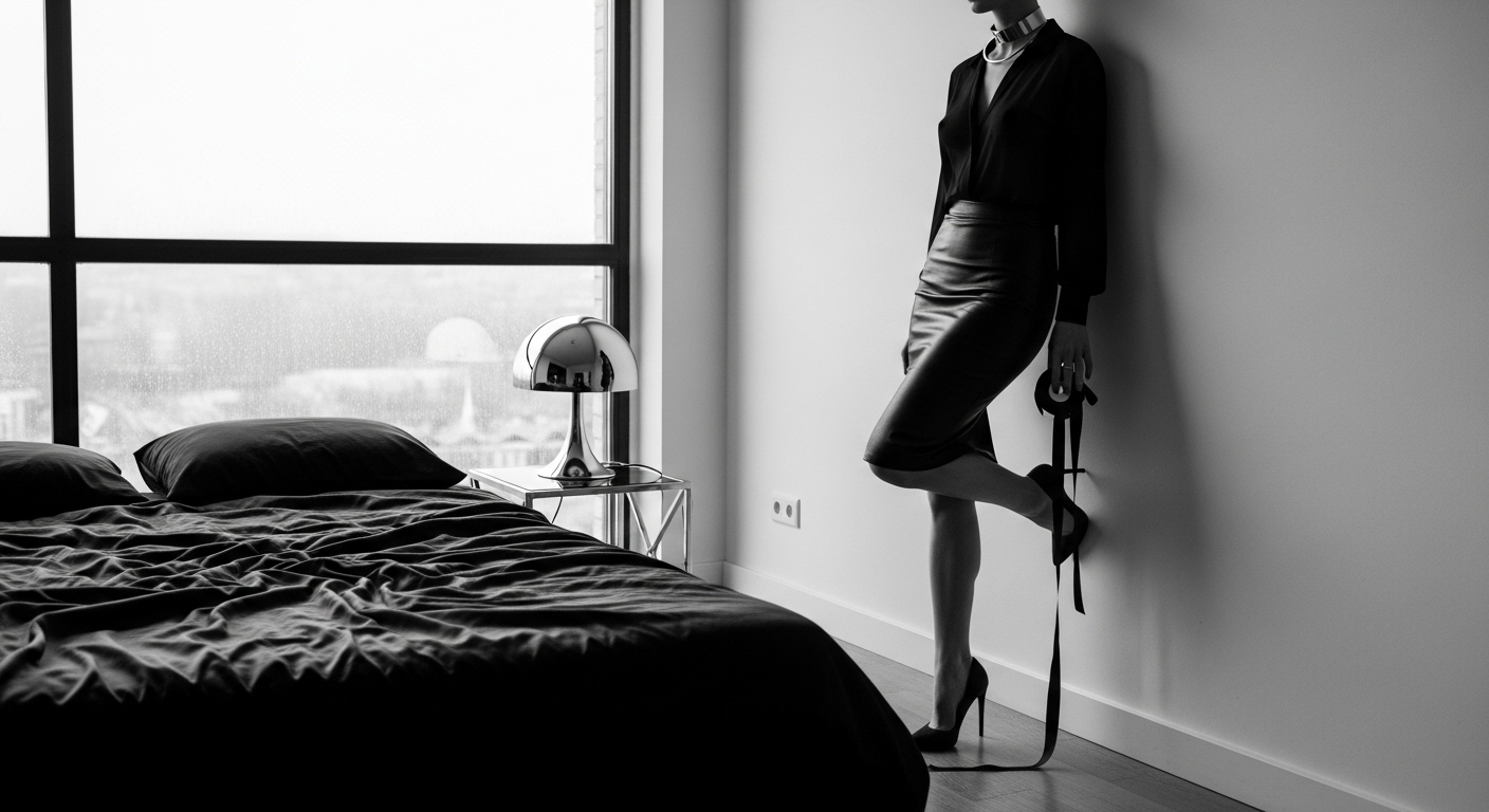 Woman in black blouse and leather skirt leans against wall in minimalist bedroom with city view.