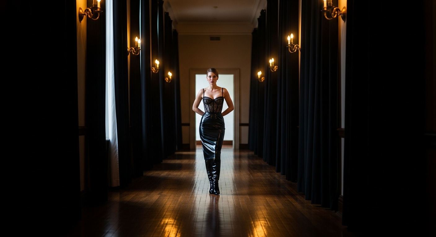 Woman in corset and latex skirt walks down candle-lit hallway lined with dark drapes.