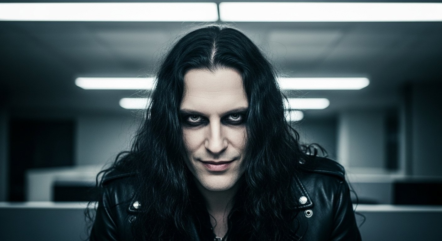 Gothic man in leather jacket under office lights, defiant stare symbolizing rebellion.