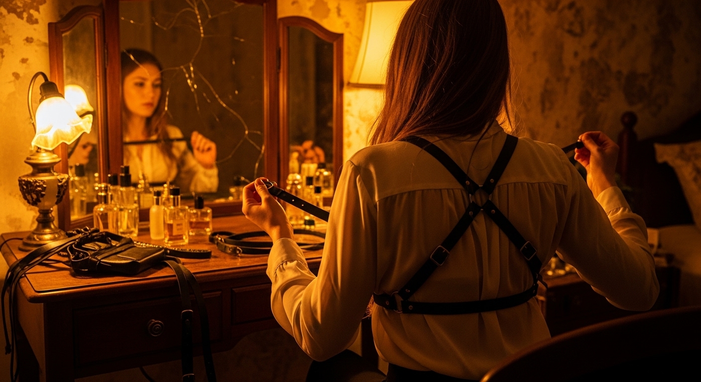 Woman wearing white blouse and leather harness adjusts strap at vintage dressing table.