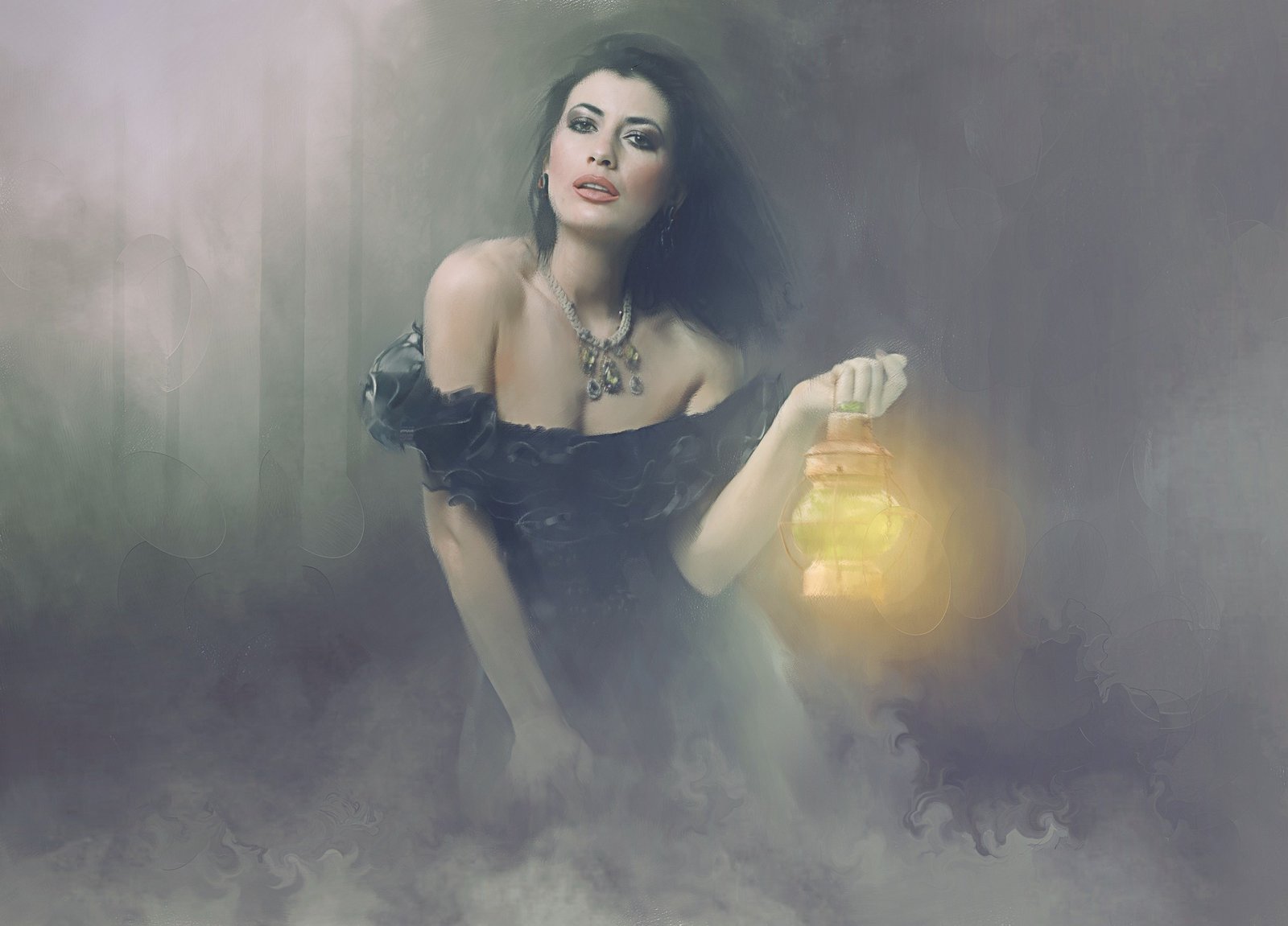 Goth woman lying on a mossy log in the woods in a black dress, corset, and fishnets.