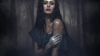 Mysterious woman in dark dress with long hair and tattoo on arm standing in misty forest.
