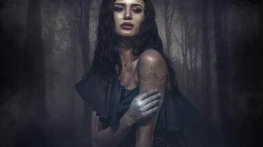 Mysterious woman in dark dress with long hair and tattoo on arm standing in misty forest.