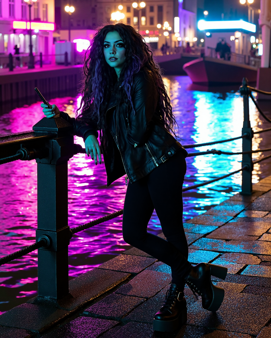 Nyx Luna leaning by neon canal, holding phone, dressed in black leather.