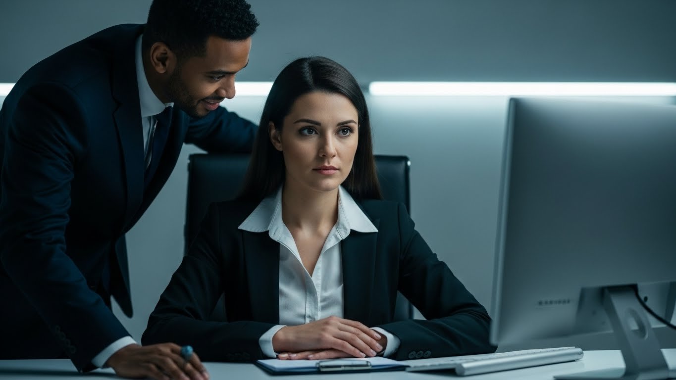 Image showing psychological impact of being told to smile more and facial expression policing in a corporate setting.