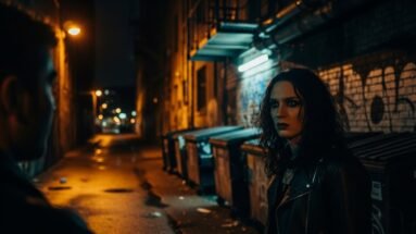 Photo illustrating unsolicited facial coaching as a stranger forces a smile on a neutral passerby.