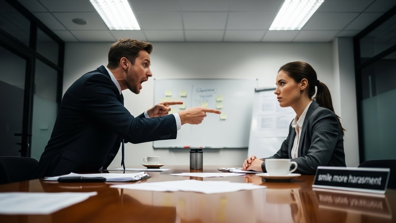 Scene depicting smile more harassment during a workplace meeting with a manager demanding a grin.