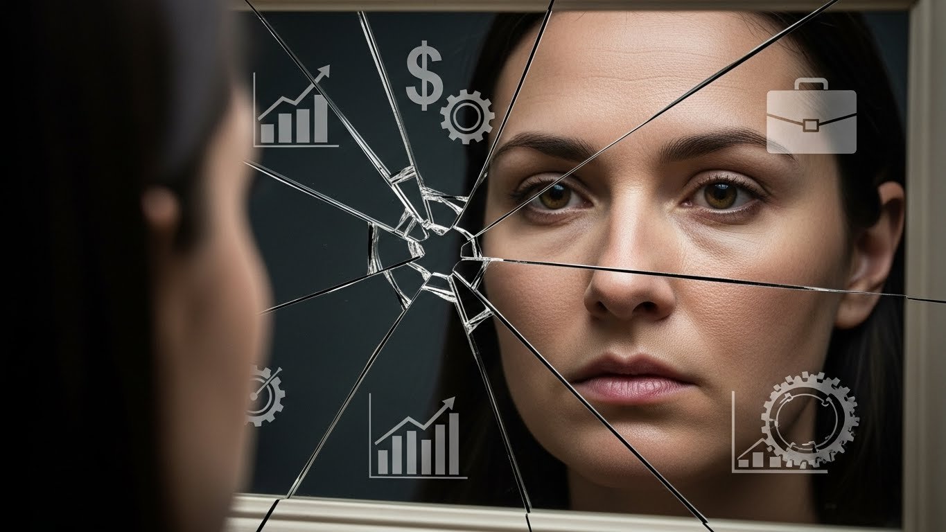 Visual of emotional labor expectations for women shown by a female employee pressured to smile.