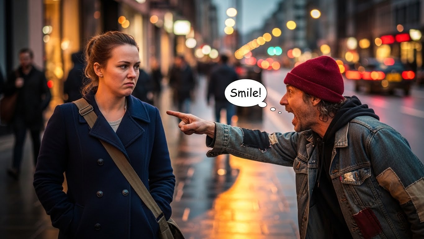 Picture of toxic positivity and forced happiness with a corporate slogan pressuring a neutral face.