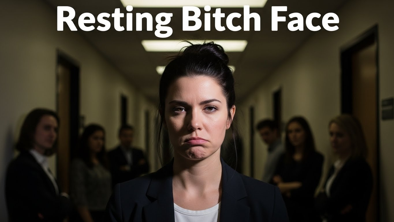 Shot highlighting resting bitch face stigma as a woman maintains a neutral expression under scrutiny.