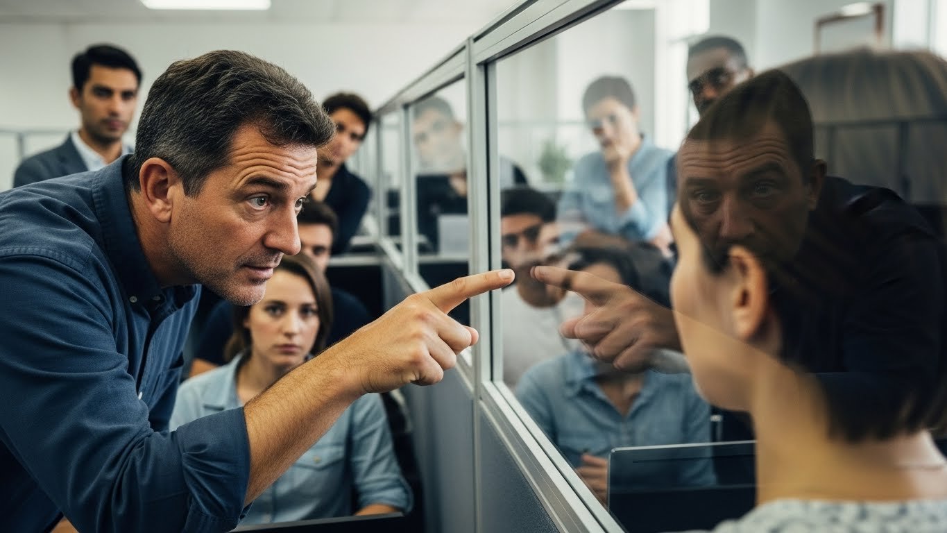Image of policing facial expressions at work with a manager pointing at an employee's neutral face.