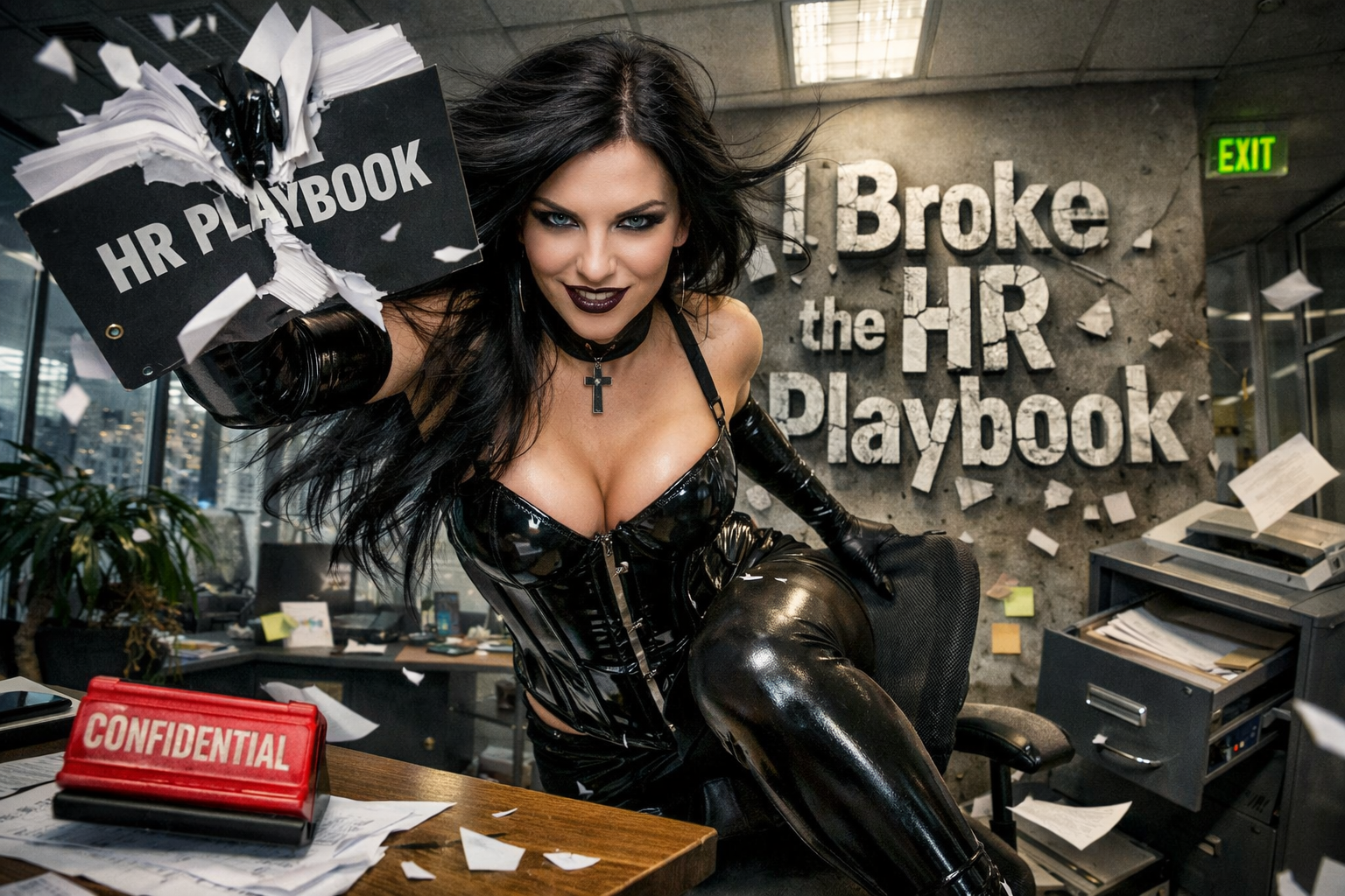 Woman in glossy black corset holding a shredded HR playbook inside a chaotic office, confident smile amid scattered documents.