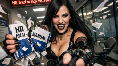 Woman in black latex outfit ripping an HR manual toward the camera in an office corridor, neon sign reading “HR Tried to Stop Me… Failed.”