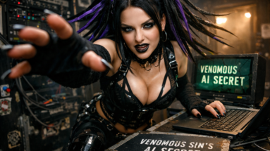 Cyberpunk goth woman leaning over laptop in industrial set, reaching forward, black leather outfit, cables and gear, sign reading “Venomous Sin’s AI Secret”.