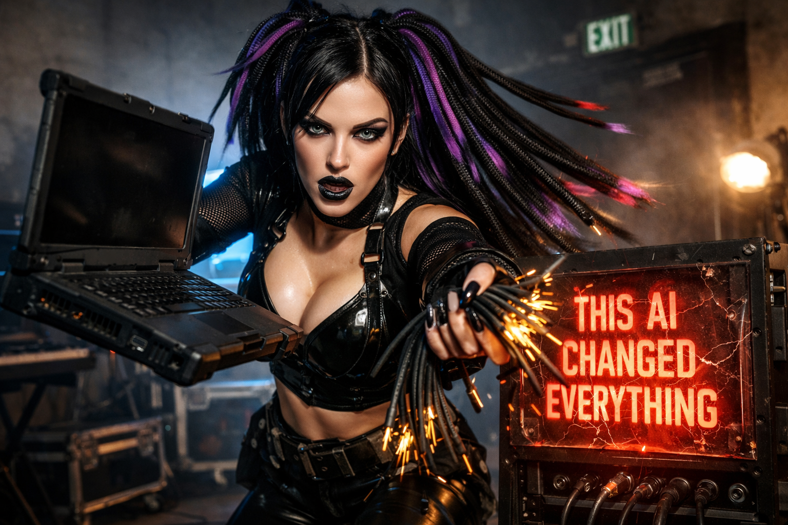 Industrial goth woman holding laptop and sparking cables, purple dreadlocks, black leather outfit, neon sign reading “This AI Changed Everything”.
