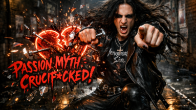 Long-haired metal vocalist punching toward camera as a glowing red heart shatters behind him in a dark urban alley.