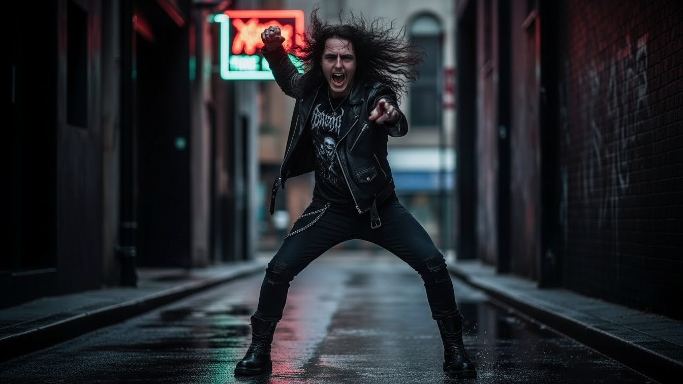  Xavi 'The Lord' in black leather jacket and combat boots, defiant in a neon-lit alley.