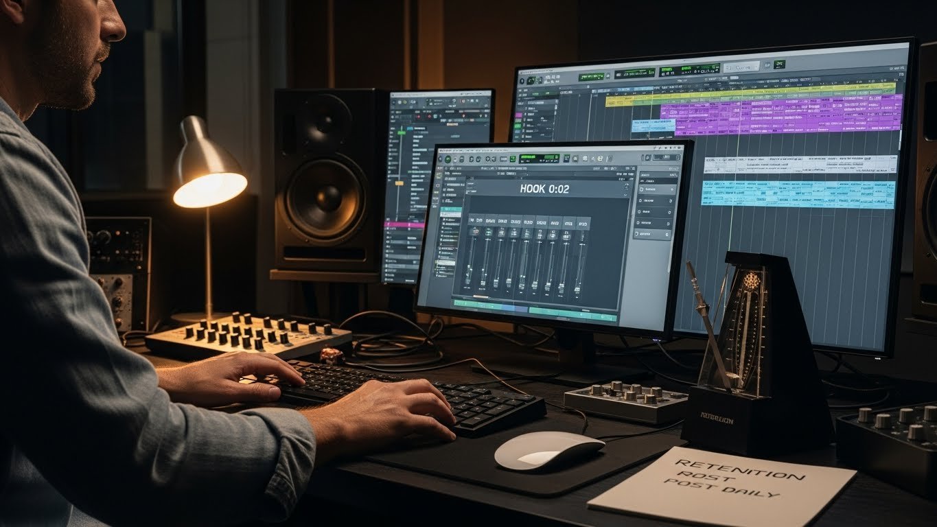 Music producer’s DAW showing 'HOOK 0:02' and repeated chorus blocks optimized for retention.