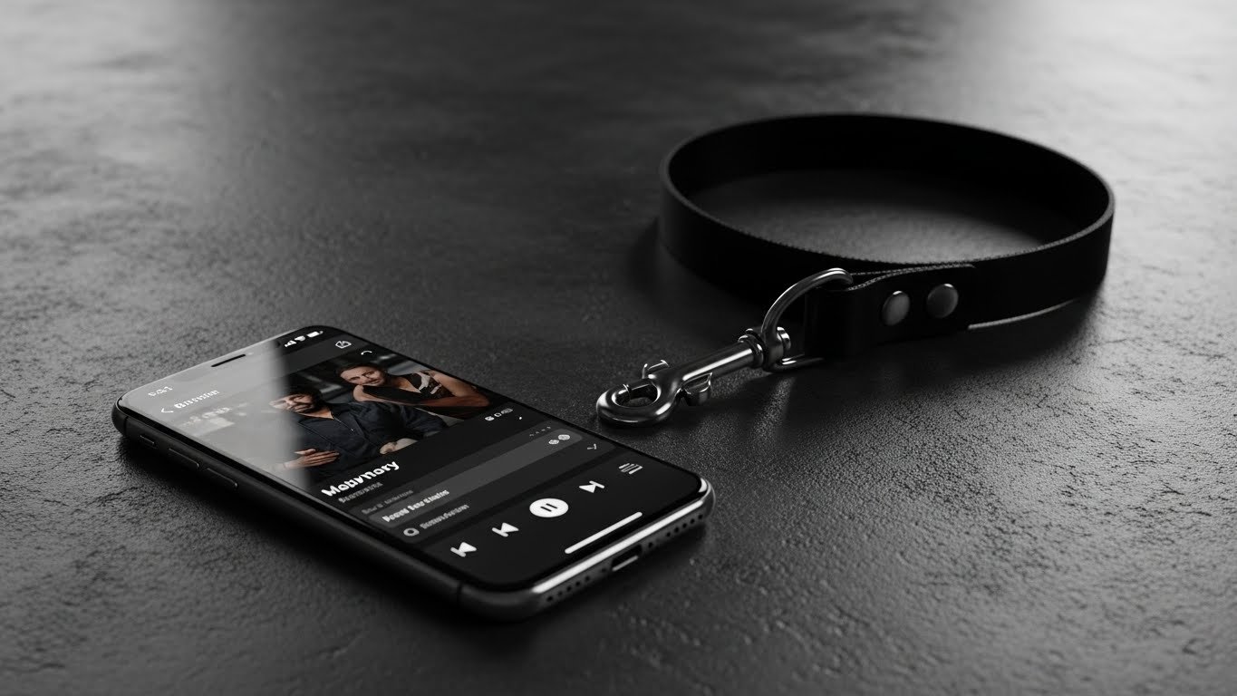Smartphone on concrete floor with a leash clipped to it, symbolizing algorithm control over music feeds.