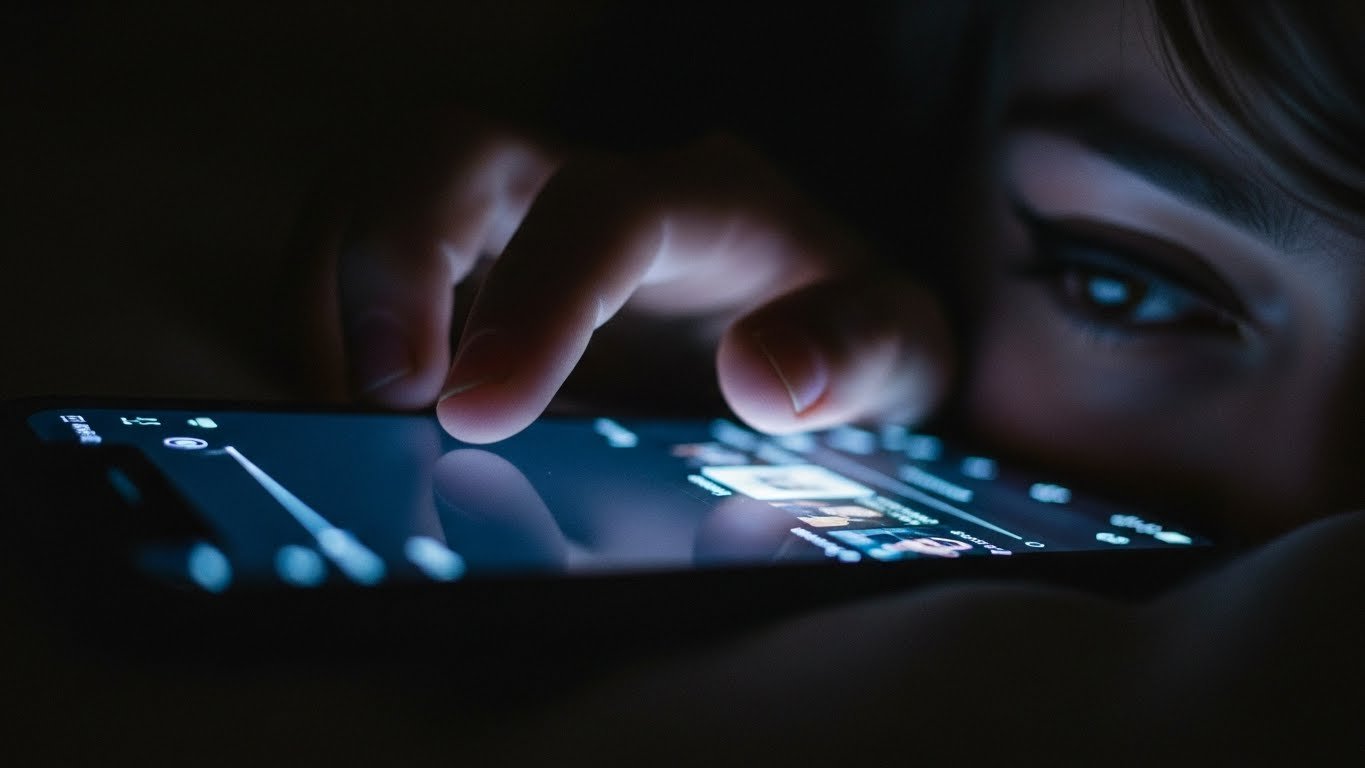 Close-up of doom-scrolling thumb on a music feed at midnight, screen glow and 12-second preview bars.