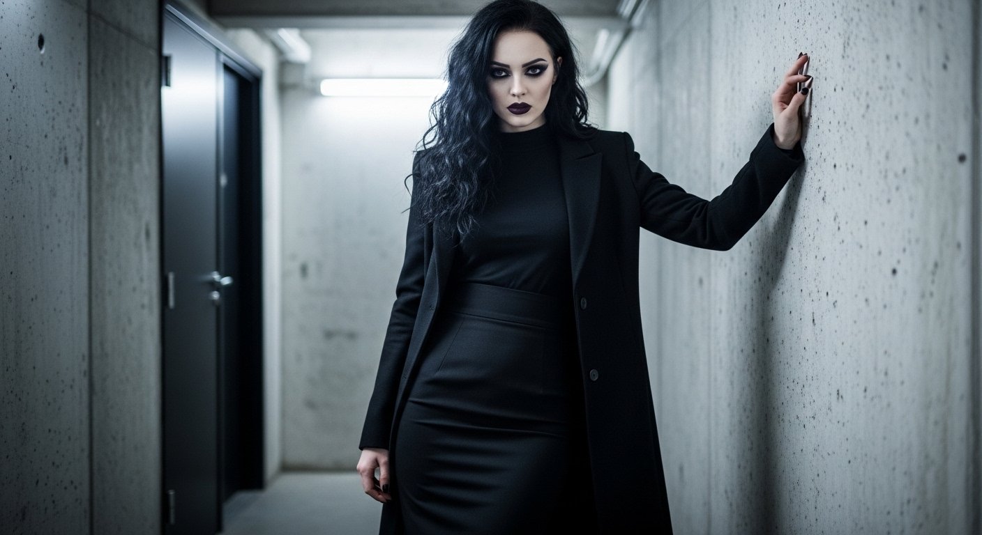 How to style a sexy gothic skirt outfit without looking costumey, featuring a structured pencil midi skirt and tailored coat for a powerful look.