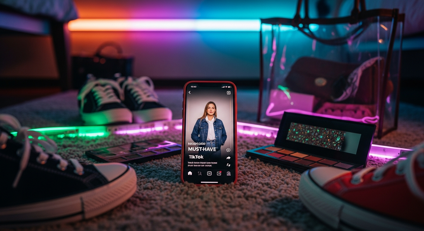 Breaking free from anal‑uniforms shown in an influencer flat‑lay of TikTok reels and fast‑fashion clutter