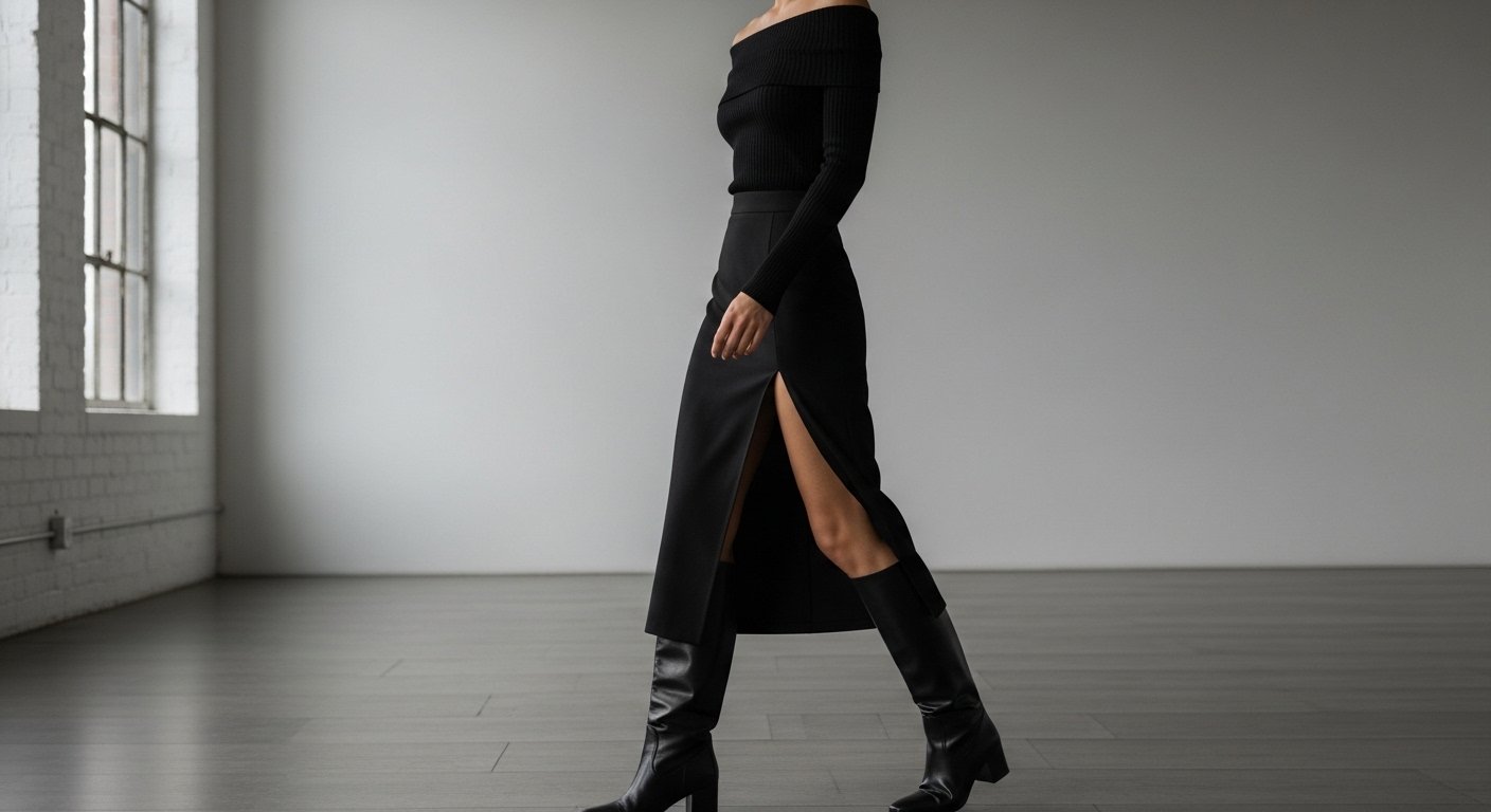 Gothic midi skirt with slit outfit demonstrating controlled elegance and predatory movement in a minimalist setting.