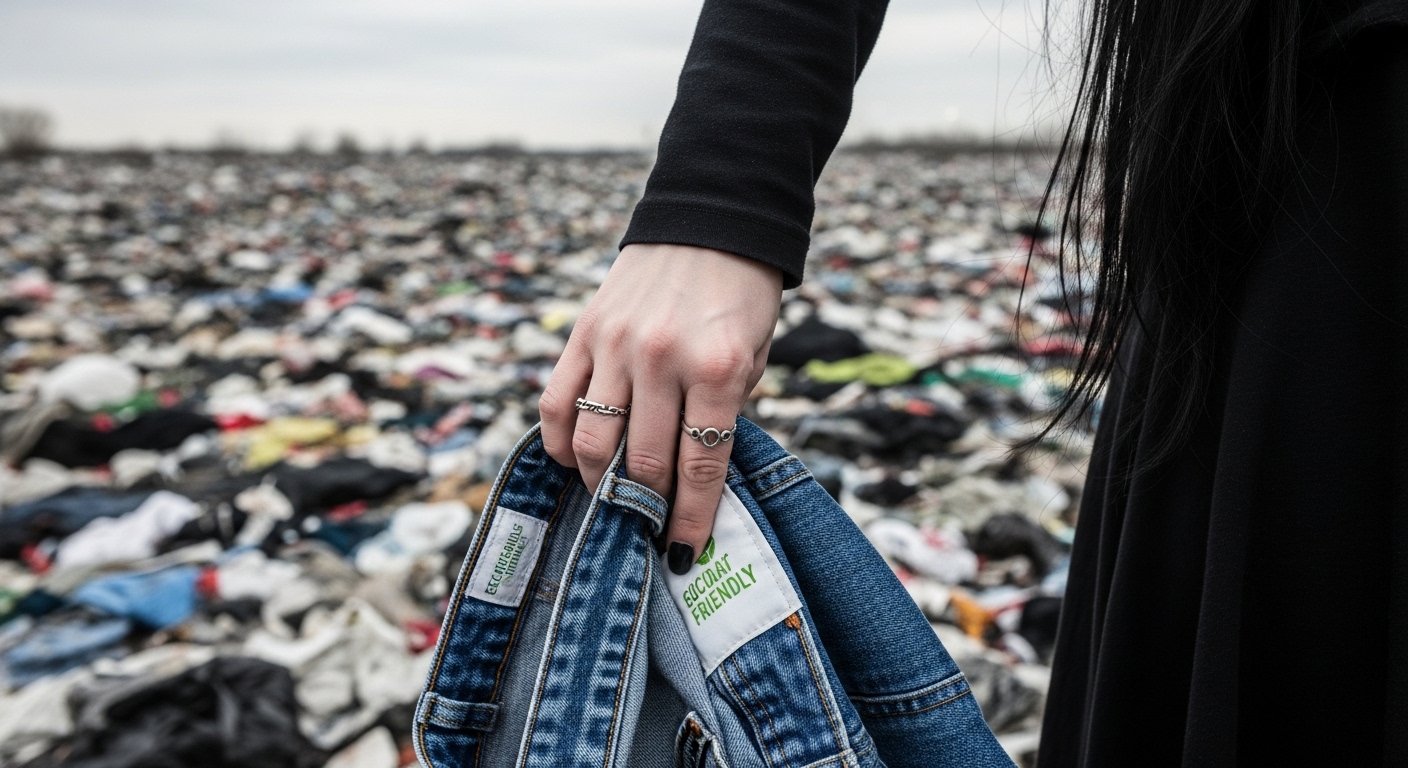 Hidden cost of fast fashion trends depicted by sustainable denim amidst a clothing landfill