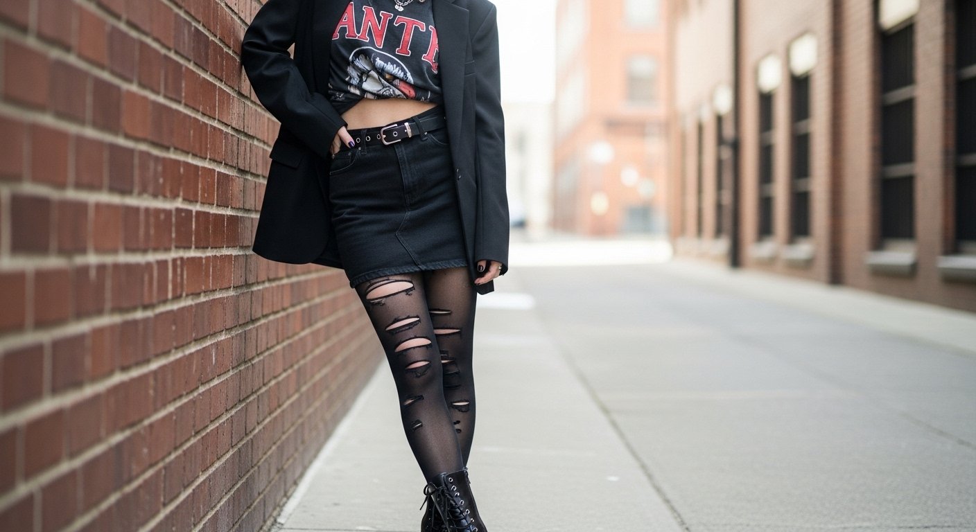 Sexy gothic skirt outfit ideas with a casual punk edge, featuring a denim mini skirt and oversized band tee.