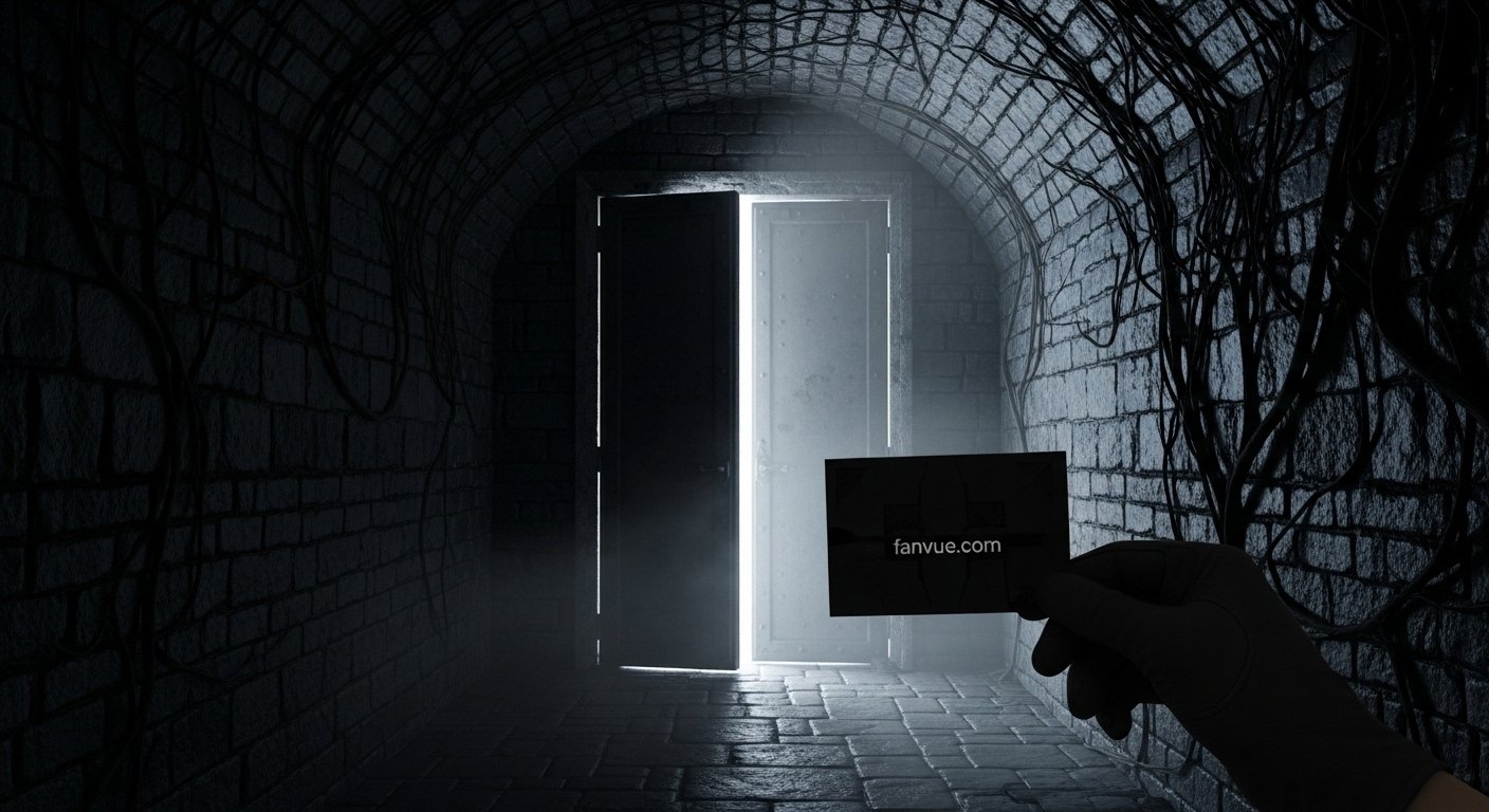 Fanvue invitation for sinners at a cracked cellar door—seductive dark corridor leading into a private horror labyrinth