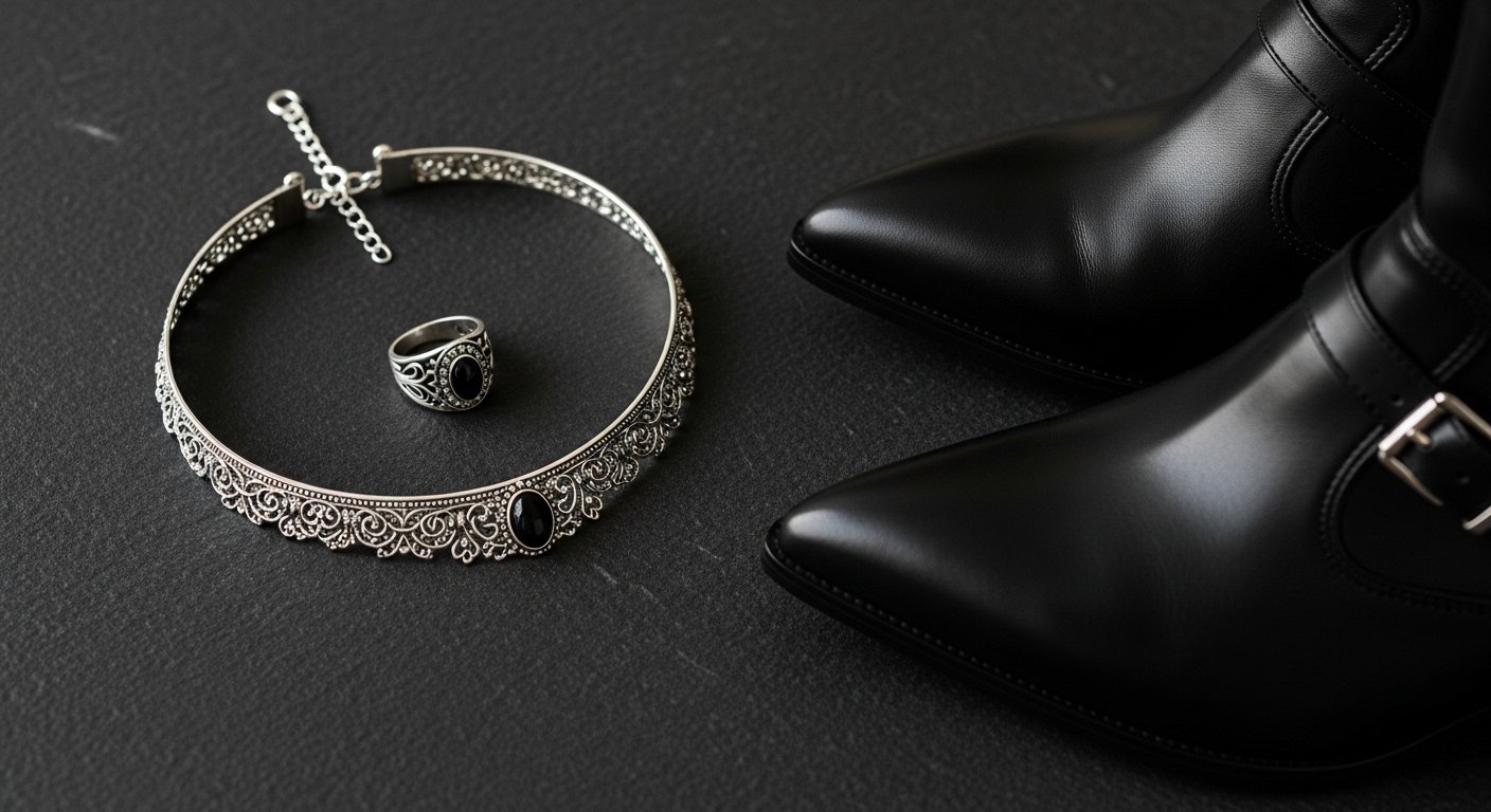 Layering accessories for goth outfits using the three-piece rule: a choker, statement ring, and sleek boots.