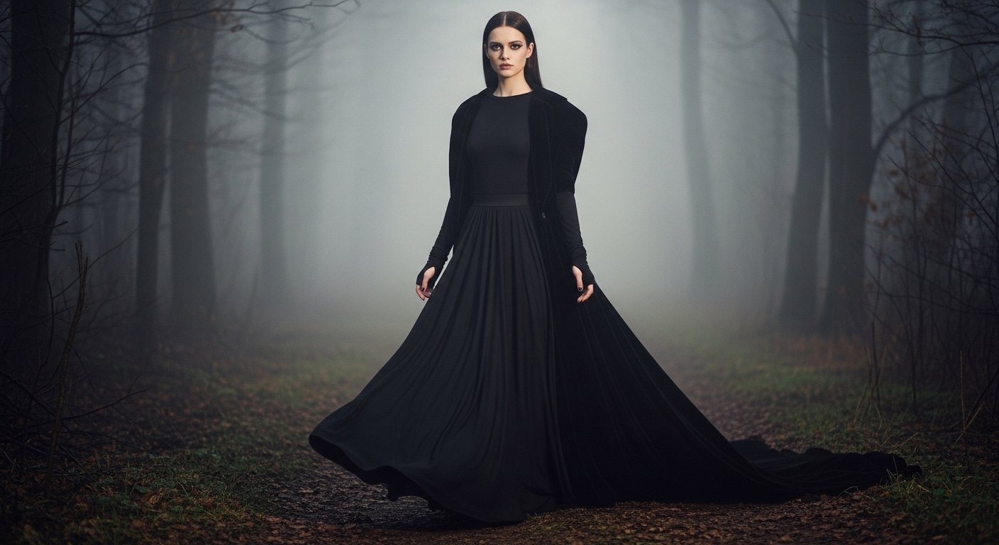 Gothic maxi skirt styling for haunting elegance and authority, featuring a flowing skirt and dramatic velvet coat in a misty setting.