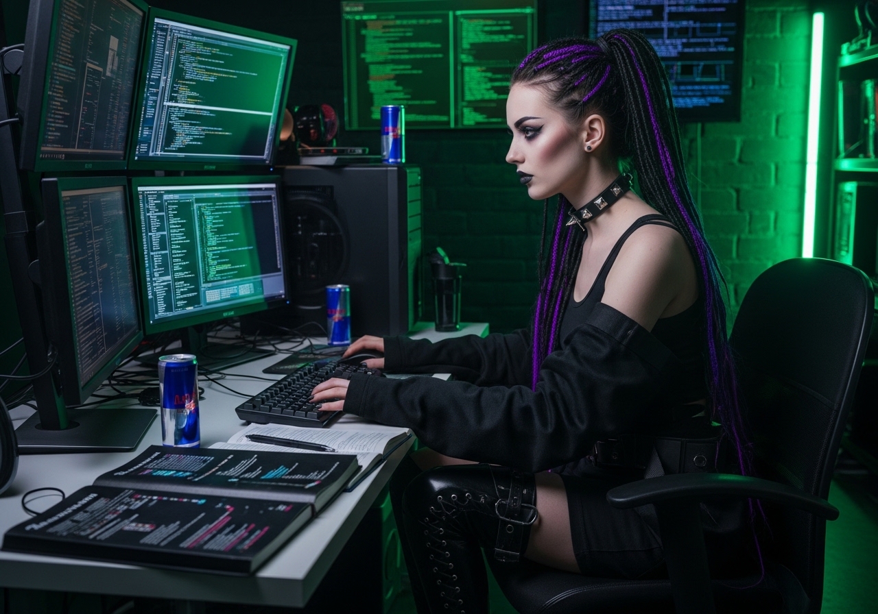 Cybergoth hacker programmer debugging AI software technical evaluation music production tools
