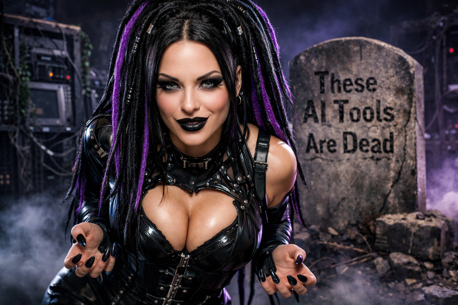 Woman in corset, stockings, and red platform heels lifting one leg against a light background