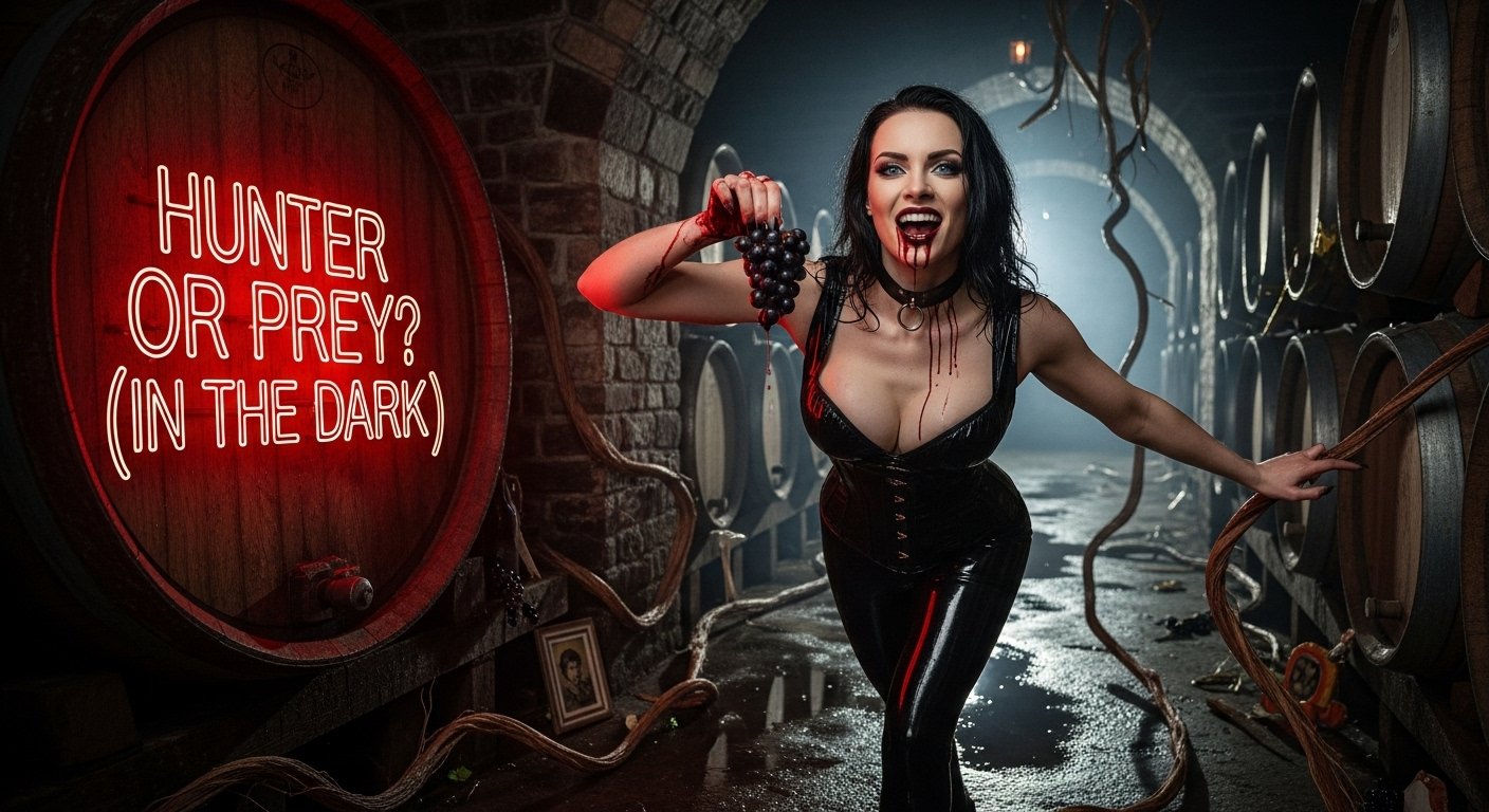 Woman in black latex dress holding grapes in a wine cellar, blood dripping from her lips, neon sign reads “Hunter or Prey? (In the Dark)”.