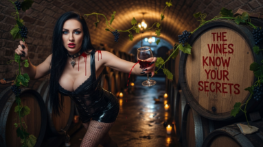 Gothic woman in corset offering a glass of red wine between oak barrels, vines hanging overhead, text reads “The vines know your secrets”.