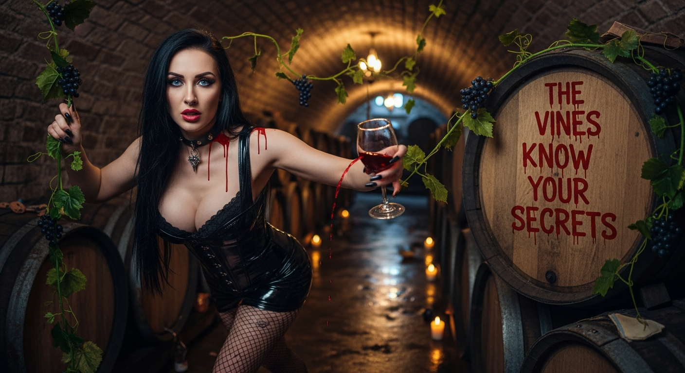 Gothic woman in corset offering a glass of red wine between oak barrels, vines hanging overhead, text reads “The vines know your secrets”.